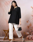 Solid A-Line Viscose Rayon Tunic with Mirror Embroidery
