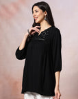 Solid A-Line Viscose Rayon Tunic with Mirror Embroidery