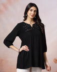 Solid A-Line Viscose Rayon Tunic with Mirror Embroidery