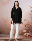 Solid A-Line Viscose Rayon Tunic with Mirror Embroidery