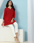 Solid A-Line Viscose Rayon Tunic with Mirror Embroidery