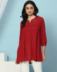 Solid A-Line Viscose Rayon Tunic with Mirror Embroidery