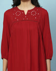Solid A-Line Viscose Rayon Tunic with Mirror Embroidery