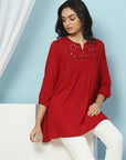 Solid A-Line Viscose Rayon Tunic with Mirror Embroidery