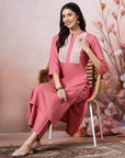 Mandarin Collar Cotton Kurta Set with Thread Embroidery & Lace Hem Palazzo