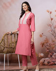 Mandarin Collar Cotton Kurta Set with Thread Embroidery & Lace Hem Palazzo