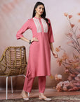 Mandarin Collar Cotton Kurta Set with Thread Embroidery & Lace Hem Palazzo