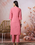 Mandarin Collar Cotton Kurta Set with Thread Embroidery & Lace Hem Palazzo