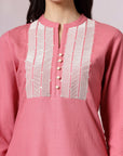 Mandarin Collar Cotton Kurta Set with Thread Embroidery & Lace Hem Palazzo