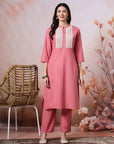 Mandarin Collar Cotton Kurta Set with Thread Embroidery & Lace Hem Palazzo