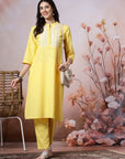 Mandarin Collar Cotton Kurta Set with Thread Embroidery & Lace Hem Palazzo