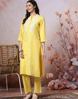 Mandarin Collar Cotton Kurta Set with Thread Embroidery & Lace Hem Palazzo