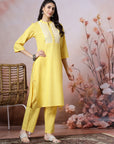 Mandarin Collar Cotton Kurta Set with Thread Embroidery & Lace Hem Palazzo