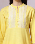 Mandarin Collar Cotton Kurta Set with Thread Embroidery & Lace Hem Palazzo