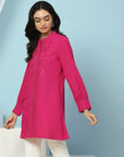 Solid A-Line Viscose Rayon Tunic with Embroidery & Lace Cuff