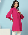 Solid A-Line Viscose Rayon Tunic with Embroidery & Lace Cuff
