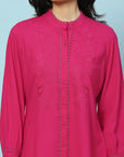 Solid A-Line Viscose Rayon Tunic with Embroidery & Lace Cuff