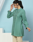 Viscose Rayon Kurti with Embroidered Placket & Lace-Trimmed Sleeves