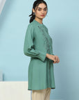 Viscose Rayon Kurti with Embroidered Placket & Lace-Trimmed Sleeves