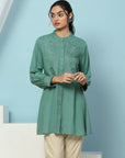 Viscose Rayon Kurti with Embroidered Placket & Lace-Trimmed Sleeves