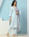 Solid Straight Cotton Kurta Set with Embroidery & Printed Dupatta