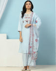 Solid Straight Cotton Kurta Set with Embroidery & Printed Dupatta