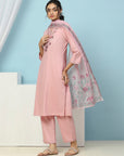 Cotton Kurta Set with Dori Tassels, Embroidered Yoke & Printed Dupatta