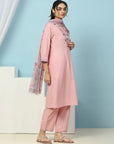Cotton Kurta Set with Dori Tassels, Embroidered Yoke & Printed Dupatta