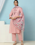 Cotton Kurta Set with Dori Tassels, Embroidered Yoke & Printed Dupatta
