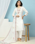 Cotton Kurta Set with Dori Tassels, Embroidered Yoke & Printed Dupatta