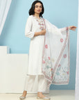 Cotton Kurta Set with Dori Tassels, Embroidered Yoke & Printed Dupatta