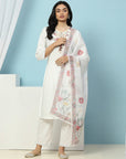 Cotton Kurta Set with Dori Tassels, Embroidered Yoke & Printed Dupatta