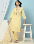 Cotton Kurta Set with Dori Tassels, Embroidered Yoke & Printed Dupatta