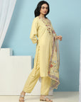 Cotton Kurta Set with Dori Tassels, Embroidered Yoke & Printed Dupatta
