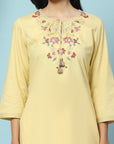 Cotton Kurta Set with Dori Tassels, Embroidered Yoke & Printed Dupatta