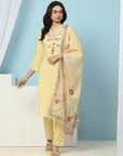 Cotton Kurta Set with Dori Tassels, Embroidered Yoke & Printed Dupatta