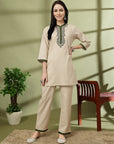 Solid Cotton Kurta Set with Thread Embroidery