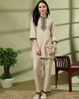 Solid Cotton Kurta Set with Thread Embroidery