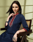 Solid Cotton Kurta Set with Thread Embroidery