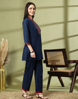Solid Cotton Kurta Set with Thread Embroidery