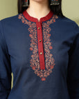 Solid Cotton Kurta Set with Thread Embroidery