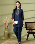 Solid Cotton Kurta Set with Thread Embroidery