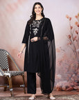 Embroidered Cotton Kurta Set with Tie-Up Neck & Lace-Trimmed Dupatta