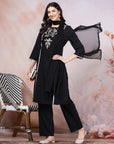 Embroidered Cotton Kurta Set with Tie-Up Neck & Lace-Trimmed Dupatta