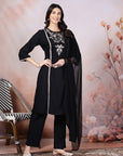 Embroidered Cotton Kurta Set with Tie-Up Neck & Lace-Trimmed Dupatta