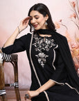 Embroidered Cotton Kurta Set with Tie-Up Neck & Lace-Trimmed Dupatta