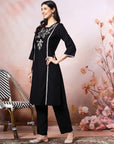 Embroidered Cotton Kurta Set with Tie-Up Neck & Lace-Trimmed Dupatta