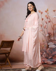 Embroidered Cotton Kurta Set with Tie-Up Neck & Lace-Trimmed Dupatta