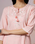 Embroidered Cotton Kurta Set with Tie-Up Neck & Lace-Trimmed Dupatta