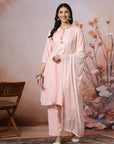 Embroidered Cotton Kurta Set with Tie-Up Neck & Lace-Trimmed Dupatta